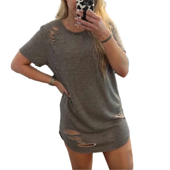 Better Be Grey NWT Distressed Sweatshirt Mini Dress Tunic - fits like M/L - Picture 6 of 11